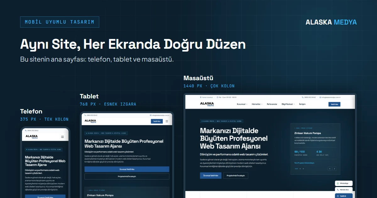 Alaska Medya ana sayfasının telefon, tablet ve masaüstündeki görünümü