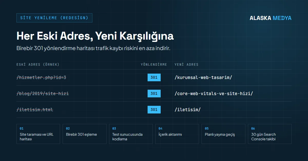 Site yenilemede eski adreslerin 301 yönlendirmeyle yeni adreslere eşlenmesi