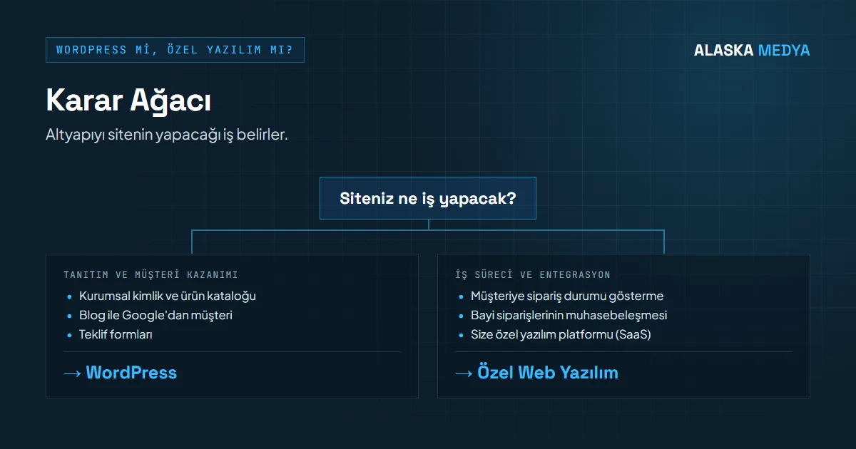 WordPress ile özel web yazılımı arasında seçim için karar ağacı